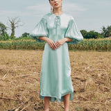 IRWF/20/18 - LACED-UP EYELET DETAILED TUNIC DRESS WITH PLISSÉ BLOUSON SLEEVES