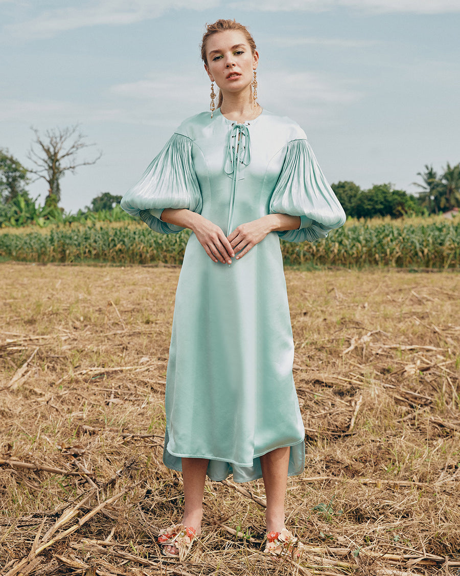 IRWF/20/18 - LACED-UP EYELET DETAILED TUNIC DRESS WITH PLISSÉ BLOUSON SLEEVES