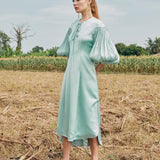 IRWF/20/18 - LACED-UP EYELET DETAILED TUNIC DRESS WITH PLISSÉ BLOUSON SLEEVES