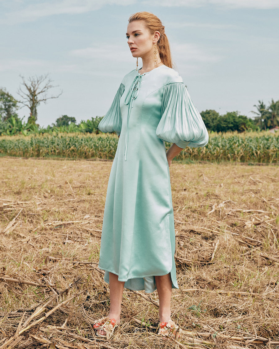 IRWF/20/18 - LACED-UP EYELET DETAILED TUNIC DRESS WITH PLISSÉ BLOUSON SLEEVES