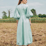 IRWF/20/18 - LACED-UP EYELET DETAILED TUNIC DRESS WITH PLISSÉ BLOUSON SLEEVES