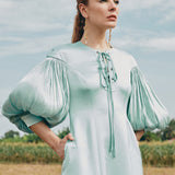 IRWF/20/18 - LACED-UP EYELET DETAILED TUNIC DRESS WITH PLISSÉ BLOUSON SLEEVES