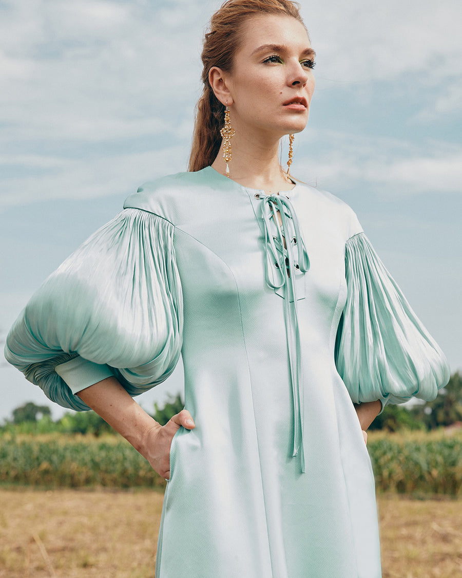 IRWF/20/18 - LACED-UP EYELET DETAILED TUNIC DRESS WITH PLISSÉ BLOUSON SLEEVES