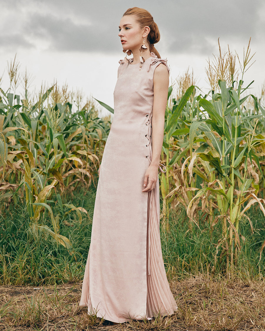 IRWF/20/21 - FLOOR LENGTH SHIMMERY SATIN TOP WITH SIDE LACE UP EYELET DETAIL