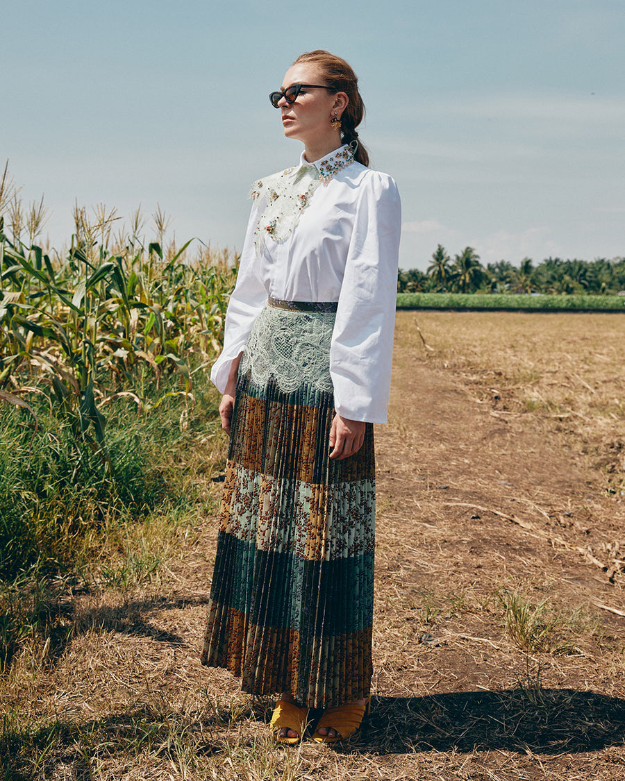 IRWF/20/28 - PLEATED ANKLE LENGTH SKIRT WITH LACE TRIMMING