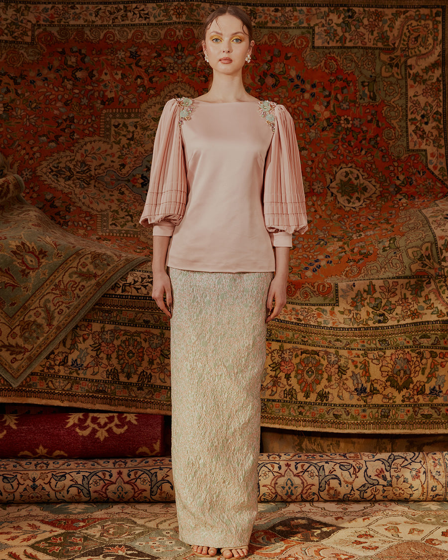 ZAHRA - MODERN KURUNG WITH PLEATED SLEEVES AND FOLDS WITH BROCADE SKIRT